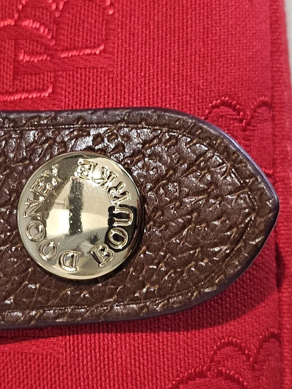 Dooney & Bourke Red Monogram Wristlet Pouch Brown Trim Smal Clutch Wallet.